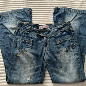 1st kiss mid wash distressed flare leg low waist y2k jeans